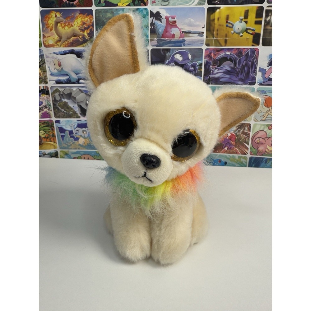 TY Beanie Boo Chewey Dog Plush 7" Rainbow Fur Collar‎ Big Glitter Eyes